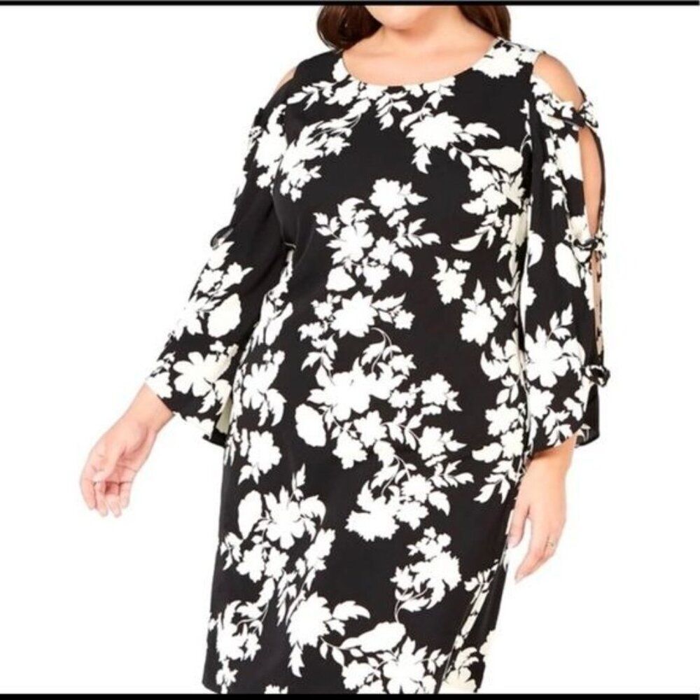 MSK Women Black & White Floral Bow Sleeve Dress Size 16 W